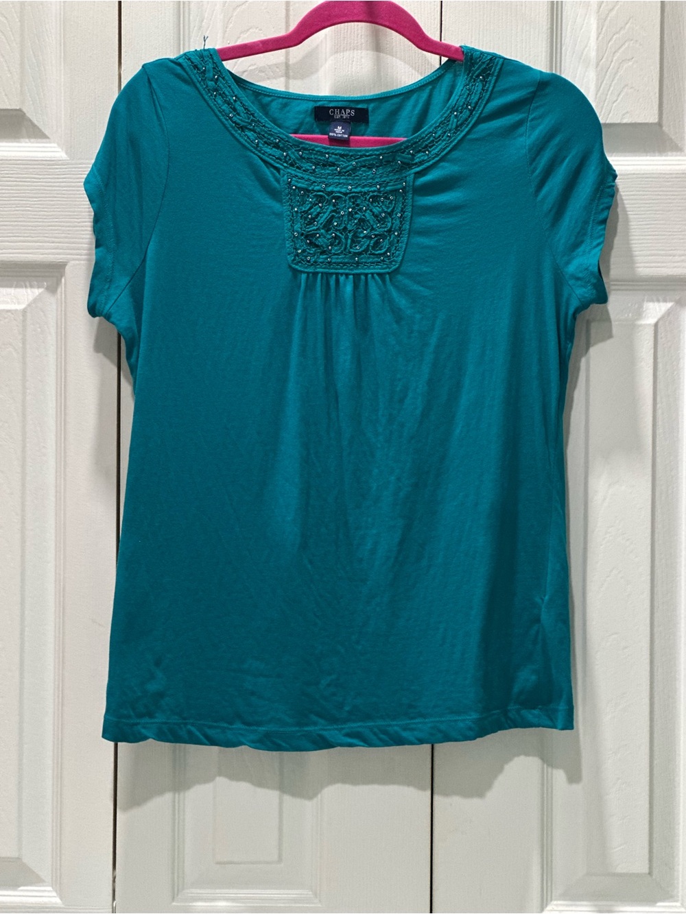 Chaps Teal Short-Sleeve Scoop Neck Top with Beaded Yoke